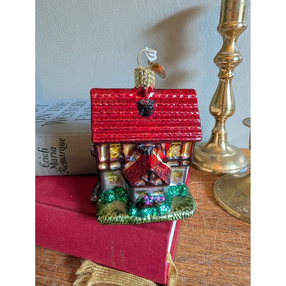 Old World Christmas Glass Ornaments Santa Claus and Tudor Cottage Set of 2